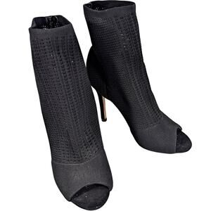 NWOT, FLAW! CATHARINE MALANDRINO! BLACK STRETCH WOVEN ANKLE BOOTIES! PEEP! SZ 8